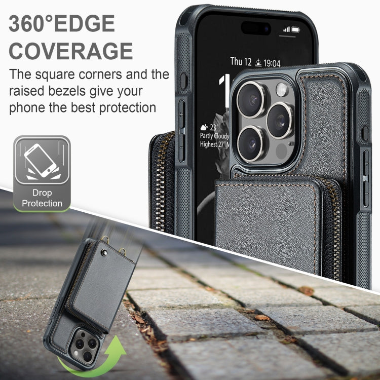 JEEHOOD C22 Series Zipper Wallet Leather Phone Case with Dual Lanyard, For iPhone 16 Pro Max, For iPhone 16 Pro, For iPhone 16 Plus, For iPhone 16