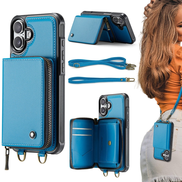 JEEHOOD C22 Series Zipper Wallet Leather Phone Case with Dual Lanyard, For iPhone 16 Pro Max, For iPhone 16 Pro, For iPhone 16 Plus, For iPhone 16