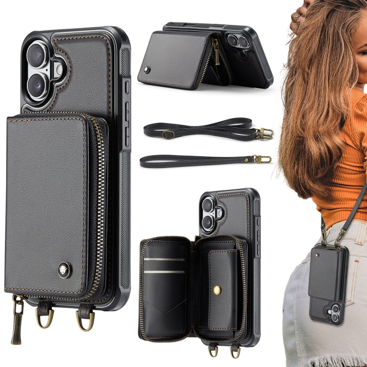 JEEHOOD C22 Series Zipper Wallet Leather Phone Case with Dual Lanyard, For iPhone 16 Pro Max, For iPhone 16 Pro, For iPhone 16 Plus, For iPhone 16