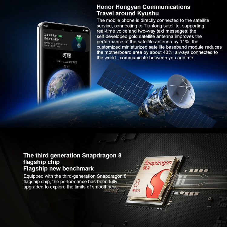 Honor Magic6 Pro، شاشة 6.8 بوصة، Magic OS 8.0، معالج Snapdragon 8 من الجيل الثالث ثماني النواة حتى 3.3 جيجاهرتز، شبكة: 5G، OTG، NFC، يدعم Google Play، 12 جيجابايت + 256 جيجابايت، 16 جيجابايت + 512 جيجابايت، 16 جيجابايت + 1 تيرابايت