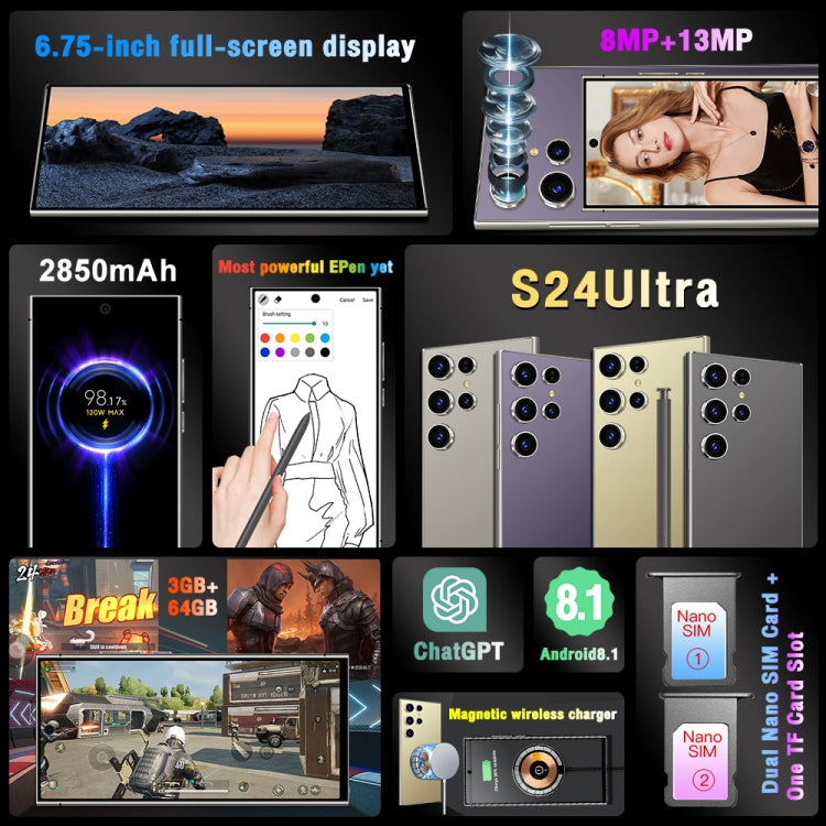 S24 Ultra / L26A، شاشة 6.75 بوصة، أندرويد 8.1 MTK6753 ثماني النواة، شبكة: 4G، ثنائي الشريحة، 3 جيجابايت + 64 جيجابايت