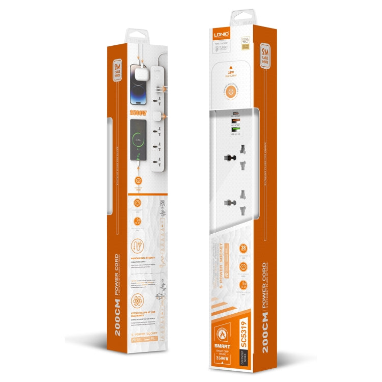 LDNIO SC5319 5-position Travel Home Office Socket with 38W USB Ports, Cable Length: 2m