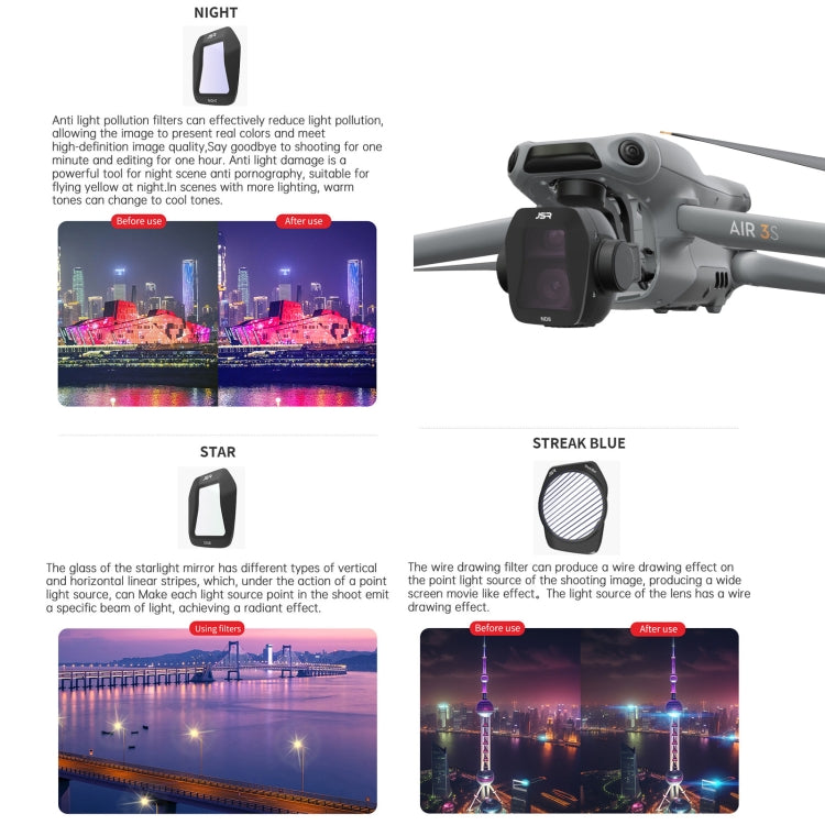 فلتر عدسة الطائرة بدون طيار من سلسلة DJI Air 3S JSR CB، UV، CPL، ND8، ND16، ND32، ND64، ND8PL، ND16PL، ND32PL، ND64PL، ليلي، نجمي، رسم خطوط أزرق، CPL قابل للتعديل، 3 في 1 ND8/32/64، 4 في 1 CPL ND8/32/64، 4 في 1 ND8-64PL، 6 في 1 ND8-64 CPL STAR ...