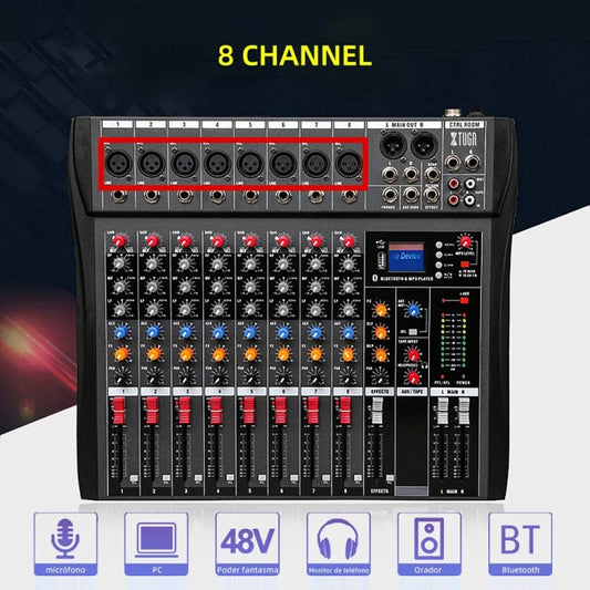 XTUGA CT80X 8-Channels Audio Mixer DJ Mixing Console with 48V Power Supply