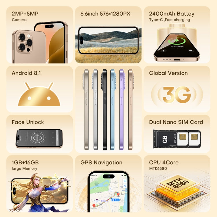 U218 / i16 Pro Max، 1 جيجابايت + 16 جيجابايت، 6.6 بوصة، أندرويد 8.1 MTK6580A رباعي النواة، OTG، الشبكة: 3G، شريحتي اتصال، قابس الاتحاد الأوروبي، قابس الولايات المتحدة، قابس المملكة المتحدة، قابس أستراليا