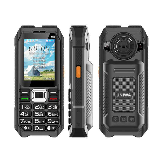 هاتف UNIWA M6000 كبير الحجم مزود بمكبر صوت ولوحة مفاتيح، مقاس 2.4 بوصة، مصباحان يدويان مزدوجان، 21 مفتاحًا، نظام SOS، راديو FM، 4 شرائح SIM، GSM، قابس الاتحاد الأوروبي، قابس الولايات المتحدة، قابس المملكة المتحدة، قابس أستراليا