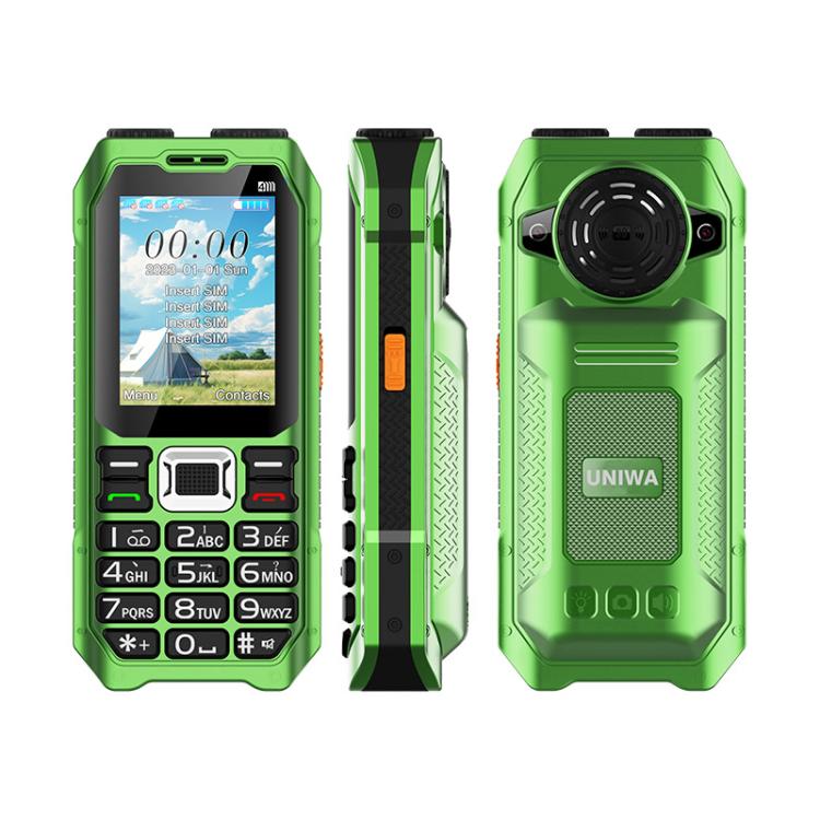 هاتف UNIWA M6000 كبير الحجم مزود بمكبر صوت ولوحة مفاتيح، مقاس 2.4 بوصة، مصباحان يدويان مزدوجان، 21 مفتاحًا، نظام SOS، راديو FM، 4 شرائح SIM، GSM، قابس الاتحاد الأوروبي، قابس الولايات المتحدة، قابس المملكة المتحدة، قابس أستراليا