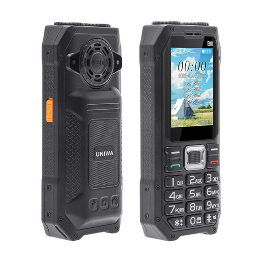 هاتف UNIWA M6000 كبير الحجم مزود بمكبر صوت ولوحة مفاتيح، مقاس 2.4 بوصة، مصباحان يدويان مزدوجان، 21 مفتاحًا، نظام SOS، راديو FM، 4 شرائح SIM، GSM، قابس الاتحاد الأوروبي، قابس الولايات المتحدة، قابس المملكة المتحدة، قابس أستراليا