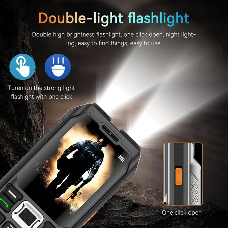 هاتف UNIWA M6000 كبير الحجم مزود بمكبر صوت ولوحة مفاتيح، مقاس 2.4 بوصة، مصباحان يدويان مزدوجان، 21 مفتاحًا، نظام SOS، راديو FM، 4 شرائح SIM، GSM، قابس الاتحاد الأوروبي، قابس الولايات المتحدة، قابس المملكة المتحدة، قابس أستراليا