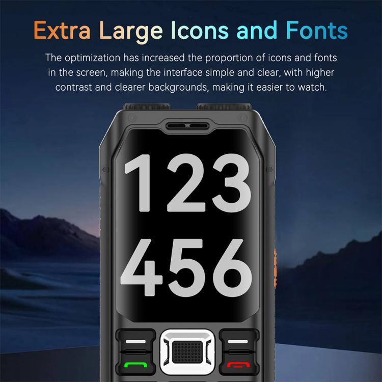 هاتف UNIWA M6000 كبير الحجم مزود بمكبر صوت ولوحة مفاتيح، مقاس 2.4 بوصة، مصباحان يدويان مزدوجان، 21 مفتاحًا، نظام SOS، راديو FM، 4 شرائح SIM، GSM، قابس الاتحاد الأوروبي، قابس الولايات المتحدة، قابس المملكة المتحدة، قابس أستراليا