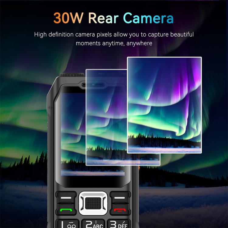 هاتف UNIWA M6000 كبير الحجم مزود بمكبر صوت ولوحة مفاتيح، مقاس 2.4 بوصة، مصباحان يدويان مزدوجان، 21 مفتاحًا، نظام SOS، راديو FM، 4 شرائح SIM، GSM، قابس الاتحاد الأوروبي، قابس الولايات المتحدة، قابس المملكة المتحدة، قابس أستراليا