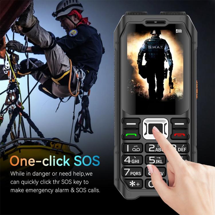 هاتف UNIWA M6000 كبير الحجم مزود بمكبر صوت ولوحة مفاتيح، مقاس 2.4 بوصة، مصباحان يدويان مزدوجان، 21 مفتاحًا، نظام SOS، راديو FM، 4 شرائح SIM، GSM، قابس الاتحاد الأوروبي، قابس الولايات المتحدة، قابس المملكة المتحدة، قابس أستراليا