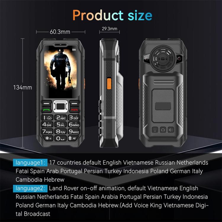 هاتف UNIWA M6000 كبير الحجم مزود بمكبر صوت ولوحة مفاتيح، مقاس 2.4 بوصة، مصباحان يدويان مزدوجان، 21 مفتاحًا، نظام SOS، راديو FM، 4 شرائح SIM، GSM، قابس الاتحاد الأوروبي، قابس الولايات المتحدة، قابس المملكة المتحدة، قابس أستراليا