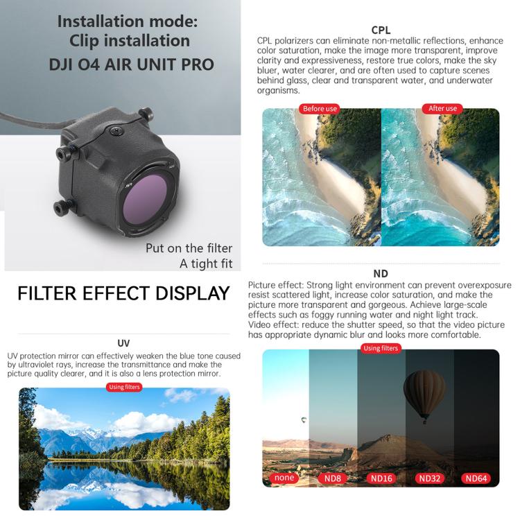 فلتر عدسة الكاميرا لسلسلة DJI O4 Air Unit Pro / Avata 2 JSR YB، MCUV، CPL، ND8، ND16، ND32، ND64، ND256، ND8PL، ND16PL، ND32PL، ND64PL، NIGHT، STAR، MCUV x 2، MCUV x 3، 3 في 1 CPL ND8/16، 4 في 1 ND، 4 في 1 NDPL، 6 في 1 ND8-64 UV CPL ...