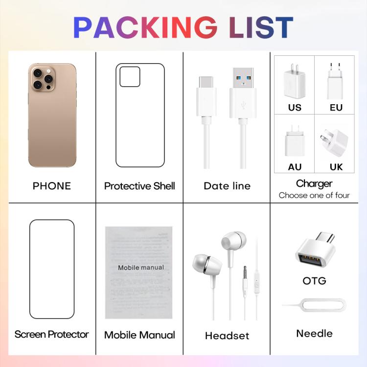هاتف A88A / i16 Pro Max، 6 جيجابايت + 64 جيجابايت، شاشة 6.6 بوصة، أندرويد 12، معالج MTK6762 Helio G25 ثماني النواة، NFC، OTG، شبكة 4G، شريحتي اتصال، قابس الاتحاد الأوروبي، قابس الولايات المتحدة، قابس المملكة المتحدة، قابس أستراليا