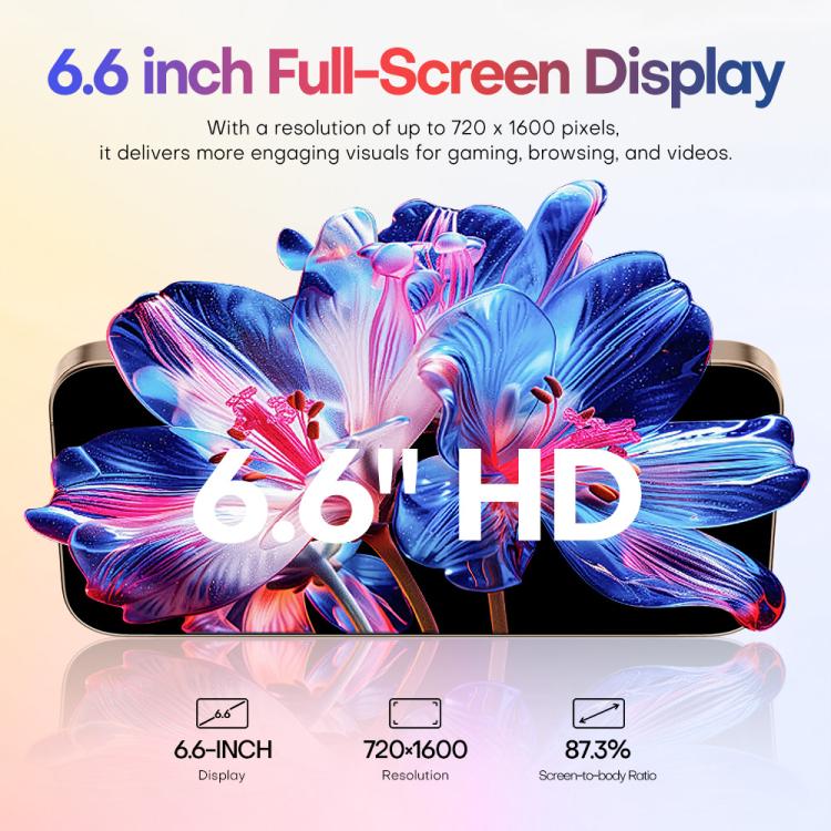 هاتف A88A / i16 Pro Max، 6 جيجابايت + 64 جيجابايت، شاشة 6.6 بوصة، أندرويد 12، معالج MTK6762 Helio G25 ثماني النواة، NFC، OTG، شبكة 4G، شريحتي اتصال، قابس الاتحاد الأوروبي، قابس الولايات المتحدة، قابس المملكة المتحدة، قابس أستراليا