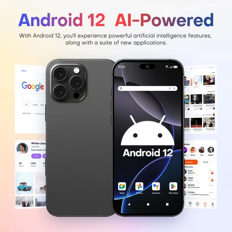 هاتف A88A / i16 Pro Max، 6 جيجابايت + 64 جيجابايت، شاشة 6.6 بوصة، أندرويد 12، معالج MTK6762 Helio G25 ثماني النواة، NFC، OTG، شبكة 4G، شريحتي اتصال، قابس الاتحاد الأوروبي، قابس الولايات المتحدة، قابس المملكة المتحدة، قابس أستراليا
