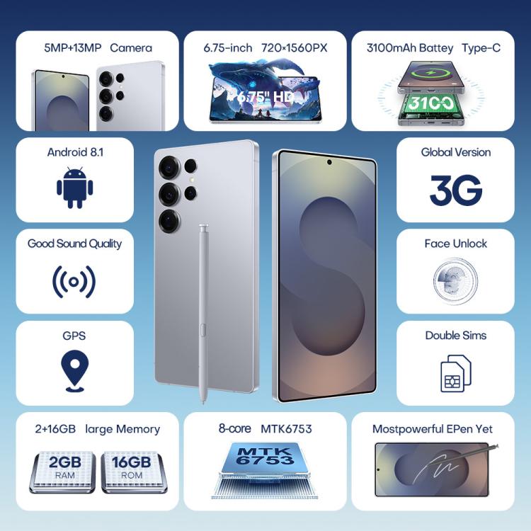 F10 / S25 Ultra، 2 جيجابايت + 16 جيجابايت، 6.75 بوصة، أندرويد 8.1 MTK6753 ثماني النواة، الشبكة: 3G، شريحتي اتصال، قابس الاتحاد الأوروبي، قابس الولايات المتحدة، قابس المملكة المتحدة، قابس أستراليا