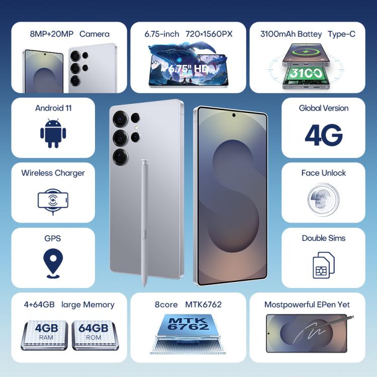 F102 / S25 Ultra، 4 جيجابايت + 64 جيجابايت، 6.75 بوصة، أندرويد 11، MTK6762 ثماني النواة، الشبكة: 4G، شريحتي اتصال، يدعم الشحن اللاسلكي، قابس الاتحاد الأوروبي، قابس الولايات المتحدة، قابس المملكة المتحدة، قابس أستراليا