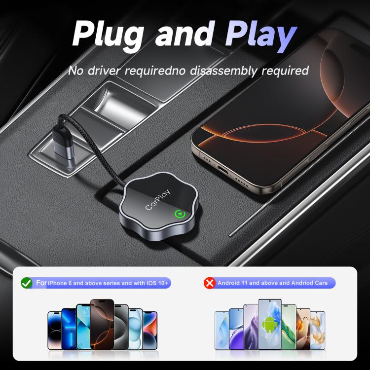 USB Wired to Wireless Car CarPlay Box Adapter, with Type-C Adapter, Flower Shape