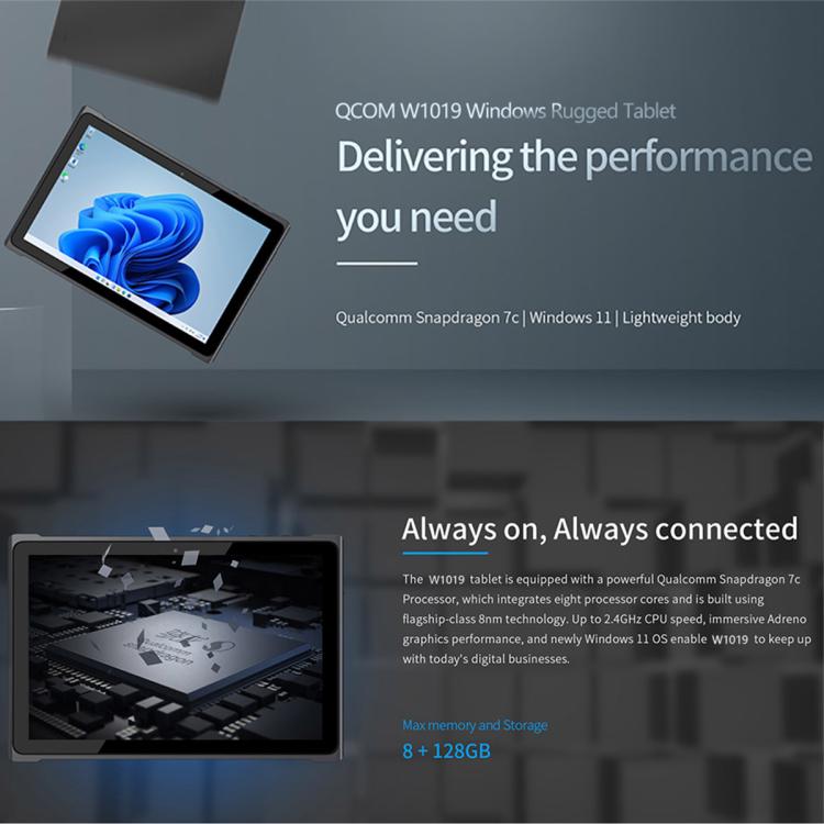 جهاز لوحي QCOM W1019 بنظام Windows 11 Pro، 8 جيجابايت + 128 جيجابايت، شاشة 10.1 بوصة، معالج Qualcomm SC7180 Kryo 468 8C8T ثماني النواة، شبكة: 4G، OTG، قابس الاتحاد الأوروبي، قابس الولايات المتحدة، قابس المملكة المتحدة، قابس أستراليا
