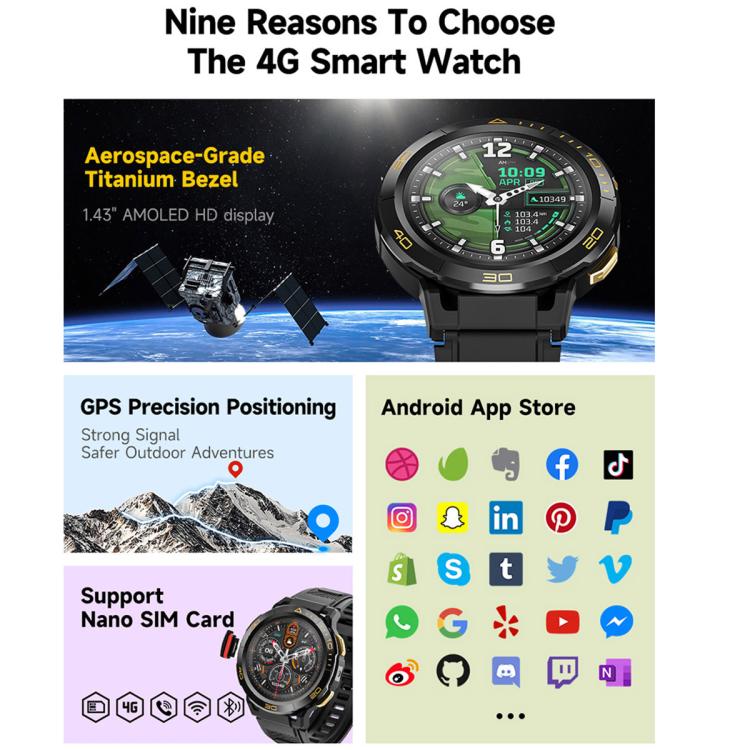 UNIWA DM300 4G Android Watch Phone, 1.43 inc Unisoc SL8541E Quad Core, Support Heart Rate / Blood Oxygen