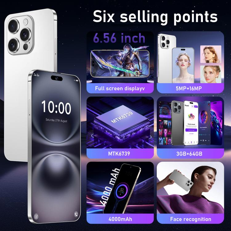 هاتف I16 Pro Max / RAi3، 3 جيجابايت + 64 جيجابايت، شاشة 6.56 بوصة، أندرويد 10، معالج MTK6739 رباعي النواة، شبكة: 4G، شريحتي اتصال، قابس الاتحاد الأوروبي، قابس الولايات المتحدة، قابس المملكة المتحدة، قابس أستراليا