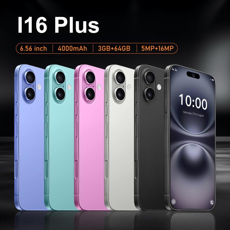 هاتف I16 Plus / RAi5، ذاكرة وصول عشوائي (RAM) سعة 3 جيجابايت وذاكرة داخلية سعة 64 جيجابايت، شاشة 6.56 بوصة، معالج MTK6739 رباعي النواة، شبكة: 4G، شريحتي اتصال، قابس الاتحاد الأوروبي، قابس الولايات المتحدة، قابس المملكة المتحدة، قابس أستراليا