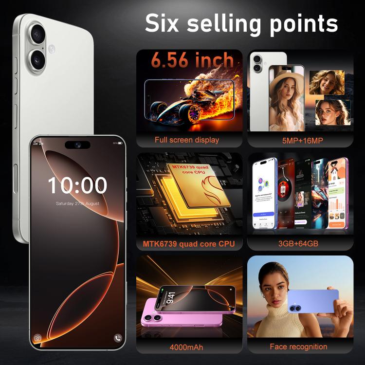 هاتف I16 Plus / RAi5، ذاكرة وصول عشوائي (RAM) سعة 3 جيجابايت وذاكرة داخلية سعة 64 جيجابايت، شاشة 6.56 بوصة، معالج MTK6739 رباعي النواة، شبكة: 4G، شريحتي اتصال، قابس الاتحاد الأوروبي، قابس الولايات المتحدة، قابس المملكة المتحدة، قابس أستراليا