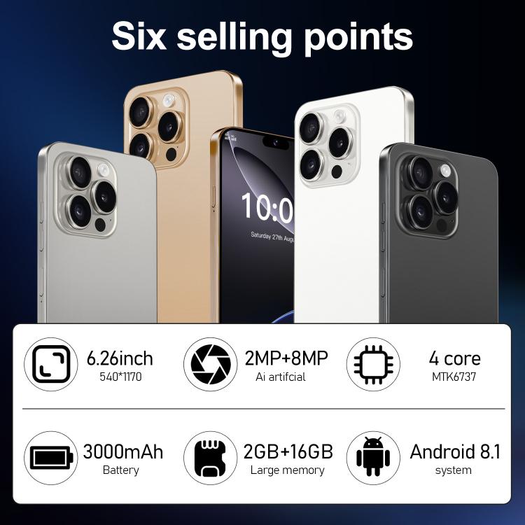 I16 Pro Max / ZPT93، 2 جيجابايت + 16 جيجابايت، 6.26 بوصة، أندرويد 8.1 MTK6737 رباعي النواة، الشبكة: 4G، شريحتي اتصال، قابس الاتحاد الأوروبي، قابس الولايات المتحدة، قابس المملكة المتحدة، قابس أستراليا