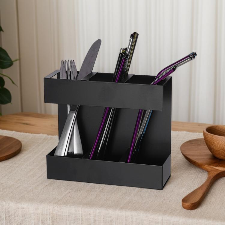 Three-grid Straw Cutlery Metal Storage Rack Kitchen Organizer, without Soft Magnetic Sheet, with 9pcs Soft Magnetic Sheet