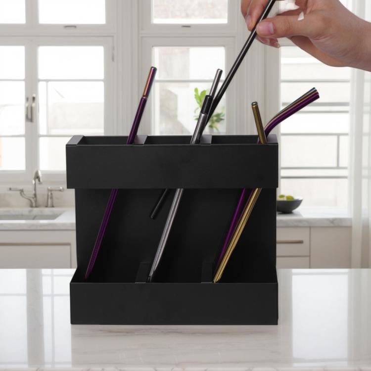 Three-grid Straw Cutlery Metal Storage Rack Kitchen Organizer, without Soft Magnetic Sheet, with 9pcs Soft Magnetic Sheet