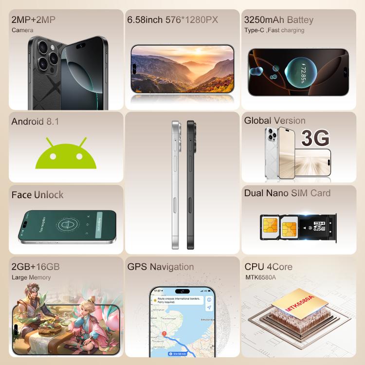 C16 Pro Max / A88-B، 2 جيجابايت + 16 جيجابايت، 6.58 بوصة، أندرويد 8.1 MTK6580A رباعي النواة، الشبكة: 3G، شريحتي اتصال، قابس الاتحاد الأوروبي، قابس الولايات المتحدة، قابس المملكة المتحدة، قابس أستراليا