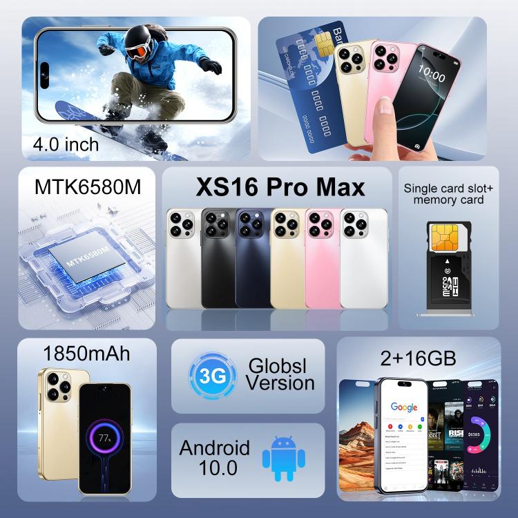 XS16 Pro Max / THM9، 2 جيجابايت + 16 جيجابايت، شاشة 4.0 بوصة، أندرويد 10، MTK6580M رباعي النواة، الشبكة: 3G، شريحتي اتصال