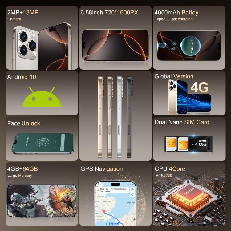 A16 Max / PDA89، 4 جيجابايت + 64 جيجابايت، 6.58 بوصة أندرويد 10 MTK6739 رباعي النواة، الشبكة: 4G، شريحتي اتصال، قابس الاتحاد الأوروبي، قابس الولايات المتحدة، قابس المملكة المتحدة، قابس أستراليا