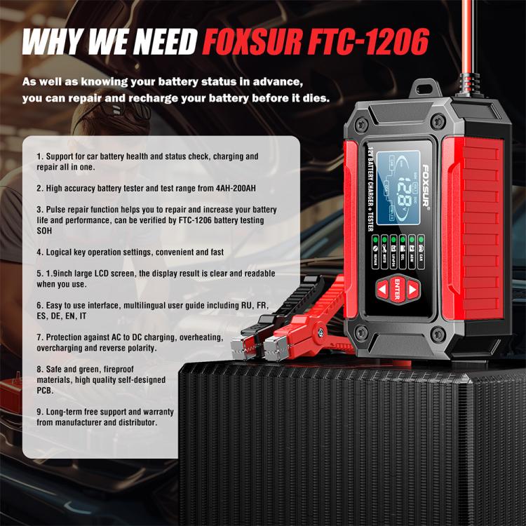 FOXSUR FTC-1206 2 in 1 12V Charging Tester Integrated Machine Car Motorcycle Battery Charger Tester