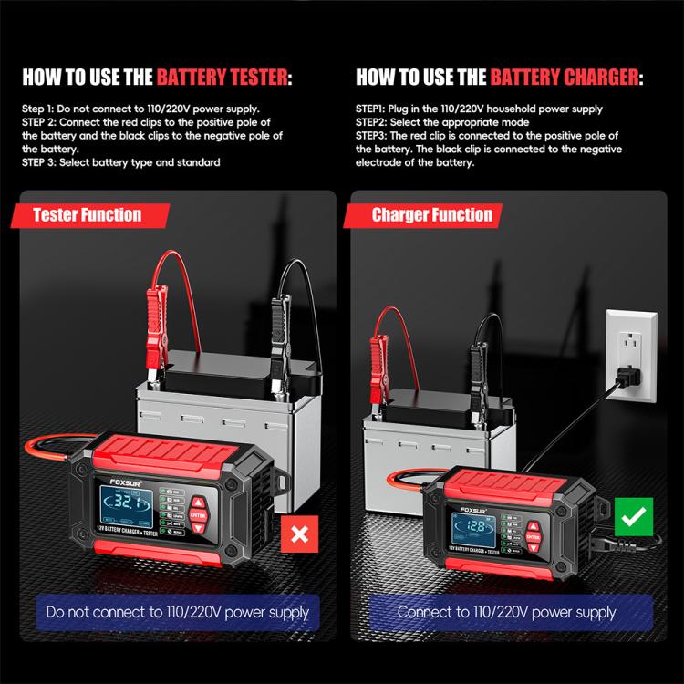 FOXSUR FTC-1206 2 in 1 12V Charging Tester Integrated Machine Car Motorcycle Battery Charger Tester