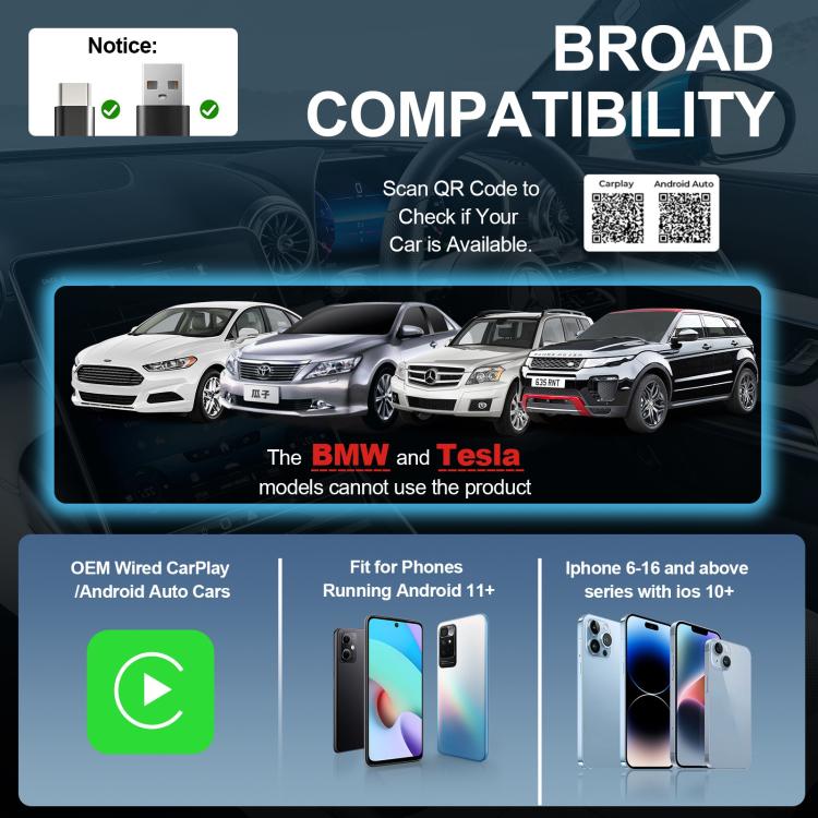 2 in 1 Car CarPlay and Android Auto Wired to Wireless Smart Box Adapter Mini USB Converter, Mini USB Smart Box Adapter