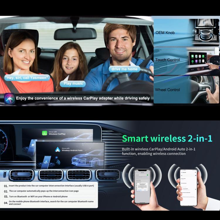 2 in 1 Car CarPlay and Android Auto Wired to Wireless Smart Box Adapter Mini USB Converter, Mini USB Smart Box Adapter