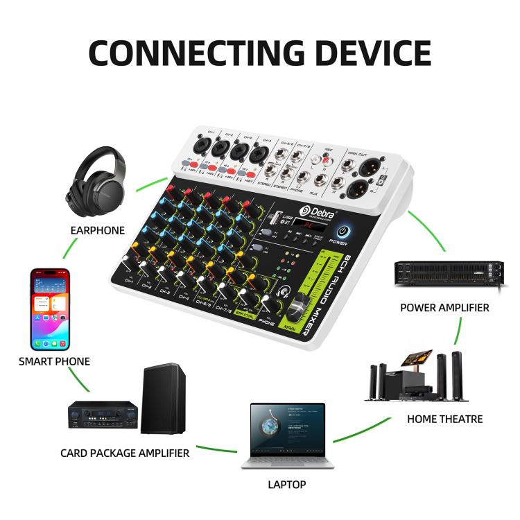 DEBRA V8 8-Channels Audio Mixer Live Recording Reverb
