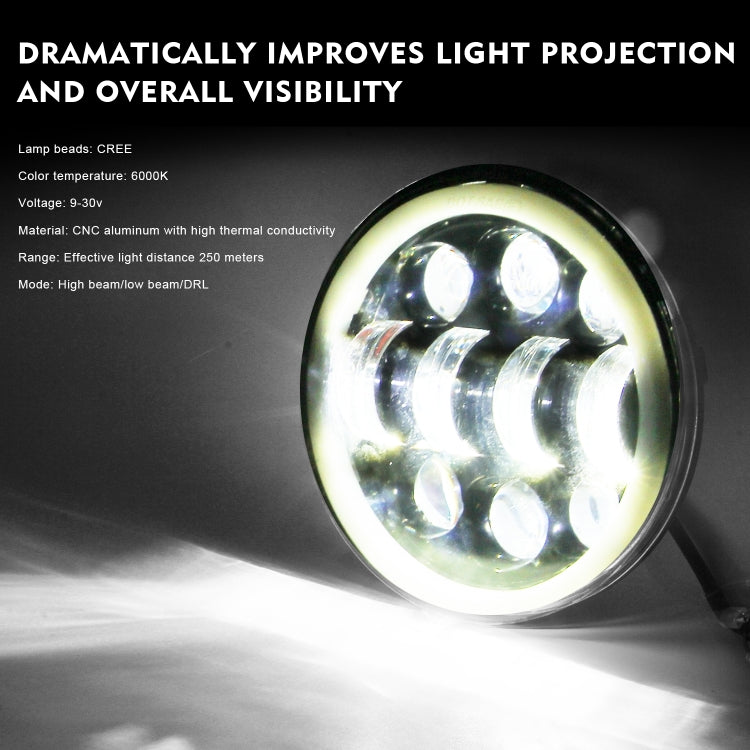 EagleVision DC9-30V 35W 6000K 4000LM 5.75 inch Round Motorcycle 6LEDs Headlight with Angel Eye for Harley-Davidson, 6LEDs