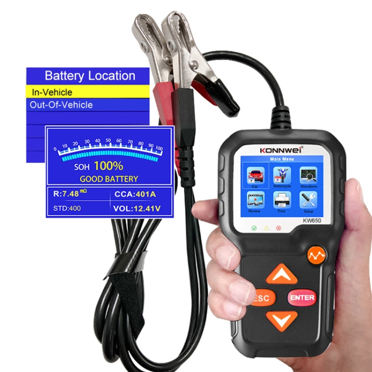 KONNWEI KW650 6V- 12V Car Motorcycle Battery Lawn Mower Detector with 2.4 inch Color Display & Waveform Graph, KW650