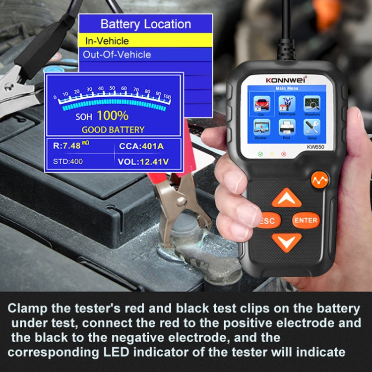 KONNWEI KW650 6V- 12V Car Motorcycle Battery Lawn Mower Detector with 2.4 inch Color Display & Waveform Graph, KW650