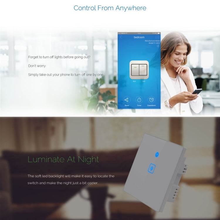 WS-UK-01 EWeLink APP & Touch Control 2A 1 Gang Tempered Glass Panel Smart Wall Switch, AC 90V-250V, UK Plug, 1 Gang