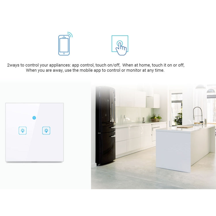WS-UK-02 EWeLink APP & Touch Control 2A 2 Gangs Tempered Glass Panel Smart Wall Switch, AC 90V-250V, UK Plug, 2 Gangs