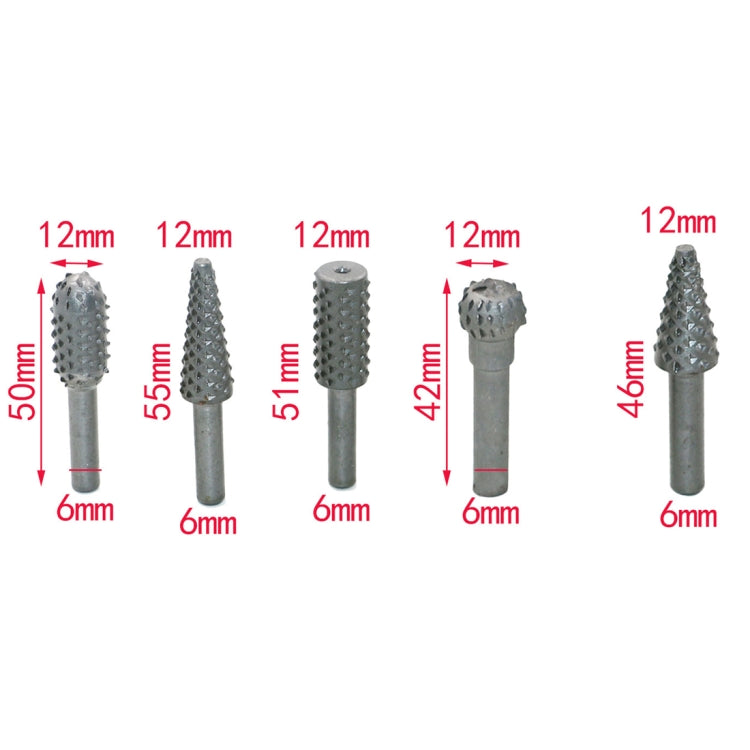 5 PCS/Set Woodworking Wood Carving 6mm Shank Rotating Embossed Grinding Head File Rasp Drill Bits, 5 PCS/Set Drill Bits