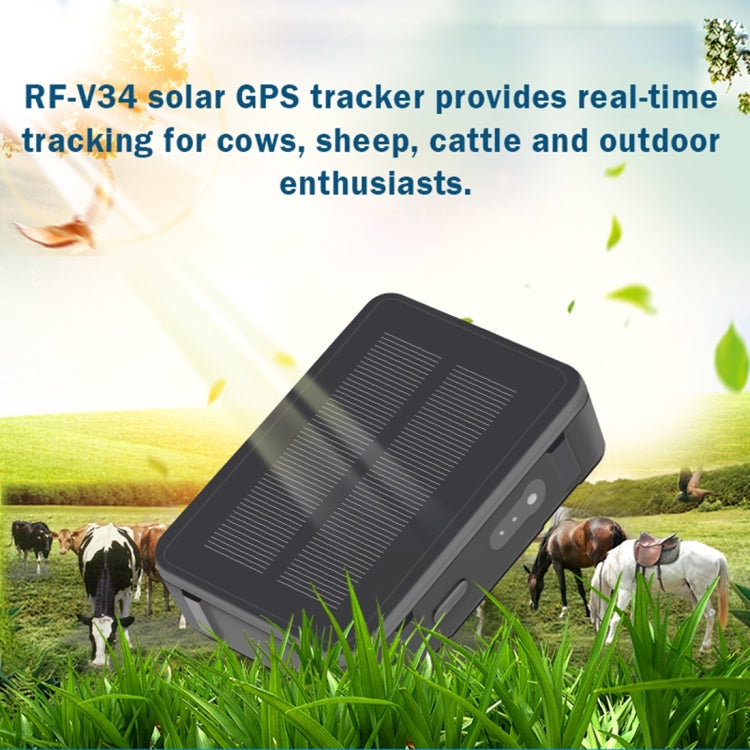 RF-V34 الأغنام والأبقار والماشية IP67 مقاوم للماء يعمل بالطاقة الشمسية GSM GPS WiFi للتتبع بدون لوحة سفلية ثابتة، يدعم مراقبة الصوت والإنذار المضاد للإزالة وSOS، تتبع GPS WiFi