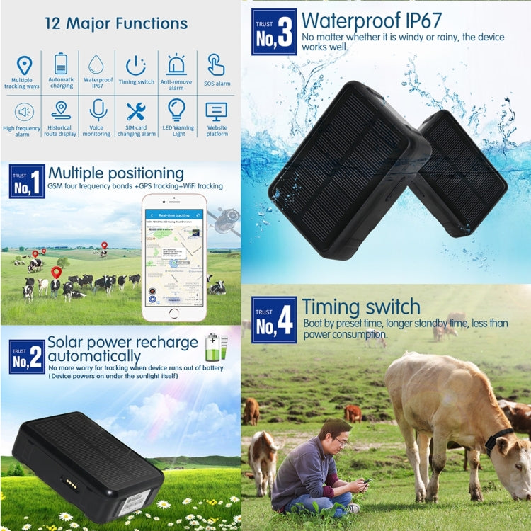 RF-V34 الأغنام والأبقار والماشية IP67 مقاوم للماء يعمل بالطاقة الشمسية GSM GPS WiFi للتتبع بدون لوحة سفلية ثابتة، يدعم مراقبة الصوت والإنذار المضاد للإزالة وSOS، تتبع GPS WiFi