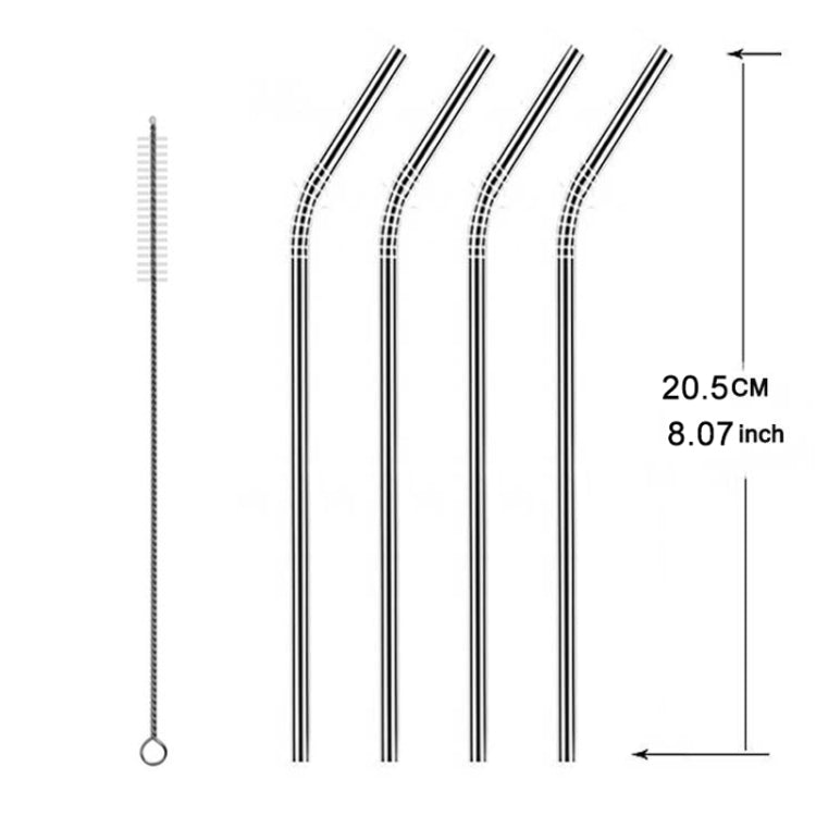5pcs Reusable Stainless Steel Bent Drinking Straw + Cleaner Brush Set Kit, 215*8mm