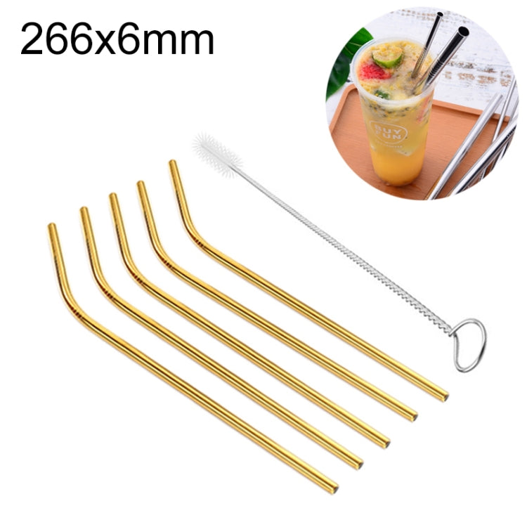 5pcs Reusable Stainless Steel Bent Drinking Straw + Cleaner Brush Set Kit, 266*6mm, 266*6mm (Bent)